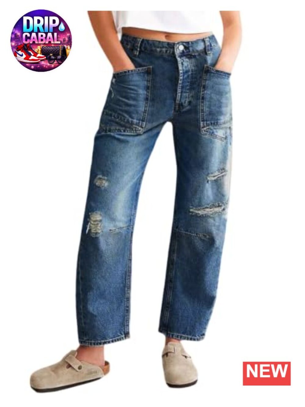 Women's Distressed Baggy Barrel Jeans Wide Leg Patchwork Denim Pants